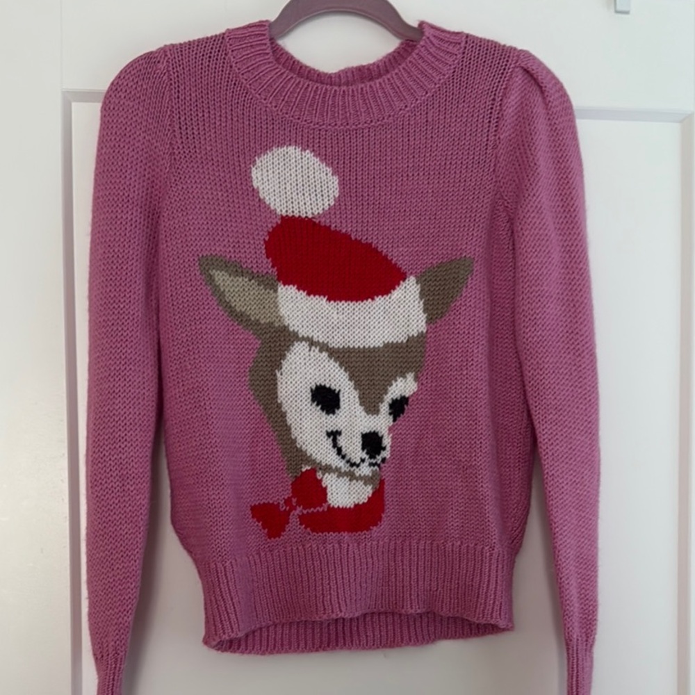 Wildfox Pink and Red Crew Neck Christmas Sweater with Festive Reindeer Design